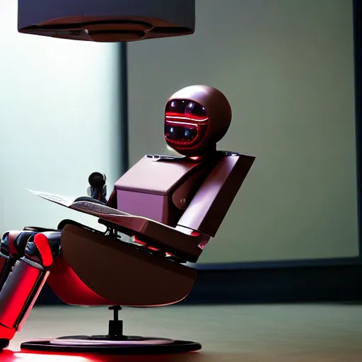 Image similar to futuristic studious matte brown and red and chrome full-body humanoid robot with two huge round expressive sad purple glowing LED eyes and open rectangular mouth sitting on a large comfortable cushioned 1950s vintage recliner reading a newspaper. open newspaper. full shot Cinematic Movie Photograph, Arri Alexa, Extremely Detailed, smooth, very very clean, 8K, octane render, maya render, unreal engine, trending on artstation, DSLR, excellent composition, center frame