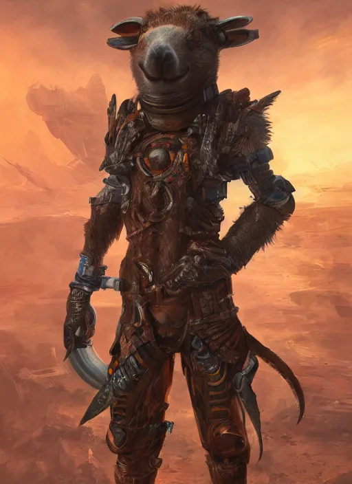 Image similar to detailed full body concept art illustration oil painting of an anthropomorphic capybara space pirate in full intricate armor, biomutant, dystopian, ultra detailed, digital art, octane render