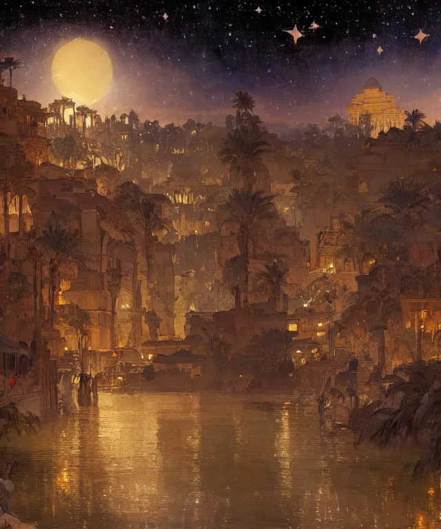 Image similar to a beautiful painting of the view from the river of the lantern festival in a an ancient egyptian city, at night with a sky full of stars, intricate, elegant, highly detailed, digital painting, artstation, concept art, by krenz cushart and artem demura and alphonse mucha