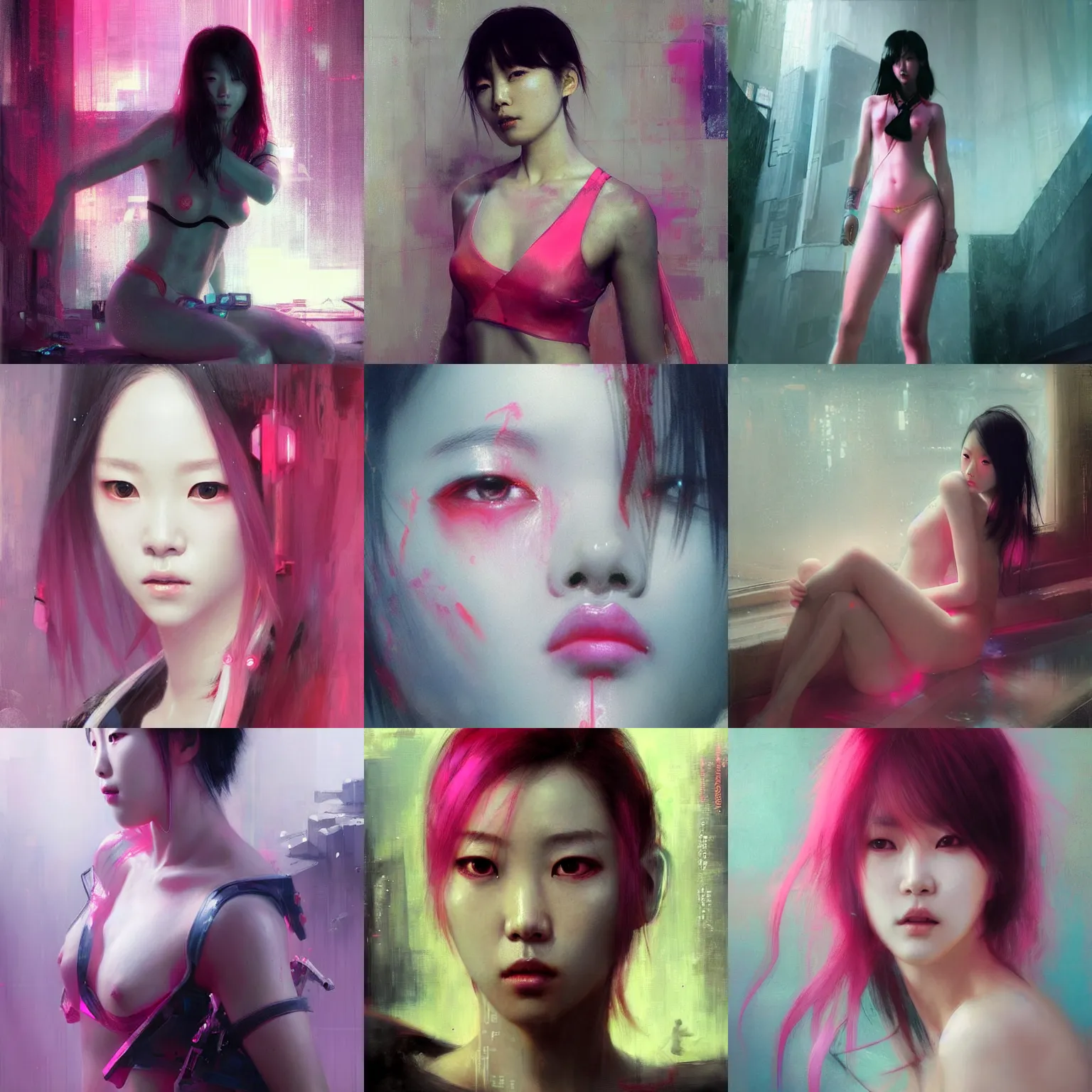 Prompt: lee jin - eun emerging from pink water in cyberpunk theme, by ruan jia, rule of thirds, seductive look, beautiful