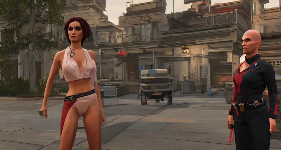 Prompt: Screenshot of Sterling Lana Kane from the show Archer as a 3d NPC in the videogame 'Hitman 3' (2021). Beautiful environment. Gorgeous level. Fancy dress. Sharpened. 4k. High-res. Ultra graphics settings.