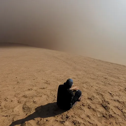 Image similar to man sitting on top peak mountain looking at huge vast sandstorm dust tornado desert