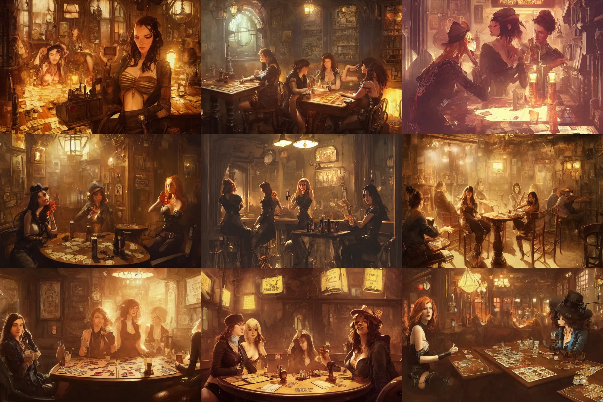 Prompt: women in the interior of a steampunk pub, Greg Rutkowski, Milo Manara, night time, smoking cigarettes, playing card games, highly detailed, Quentin Tarantino movie posters, pulp fiction, level design, concept art, artstation, cgsociety, zenith view
