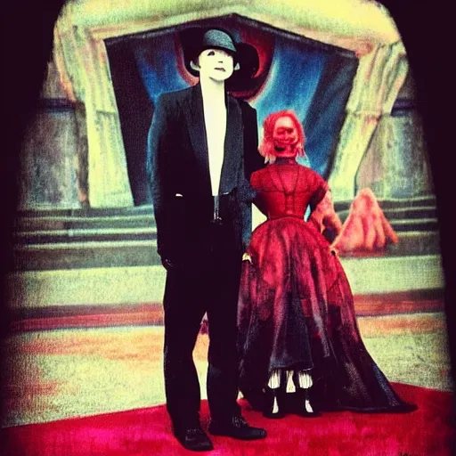 Image similar to a man standing next to a woman on a red carpet, a picture by george manson, tumblr, international gothic, freakshow, hellish background, gothic