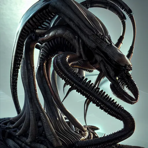 Image similar to centered photorealistic antropomorphic xenomorph inspired by Giger, sinister background, octane render, unreal engine 4k, volumetric light, fog, wide shot, detailed