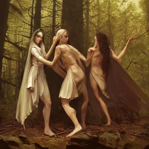 Image similar to three witches dancing around a bonefire which spawns a demon, in a forest, sharp focus, illustration, art by aenaluck and roberto ferri and greg rutkowski, epic fantasy, digital painting