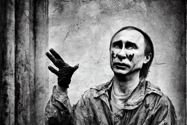 Image similar to putin as a homeless clown. portrait. gritty black and white photograph.