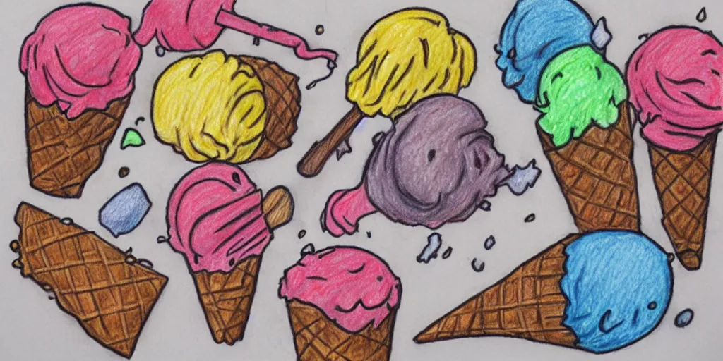 Prompt: colored pencil drawing of an ice cream food fight