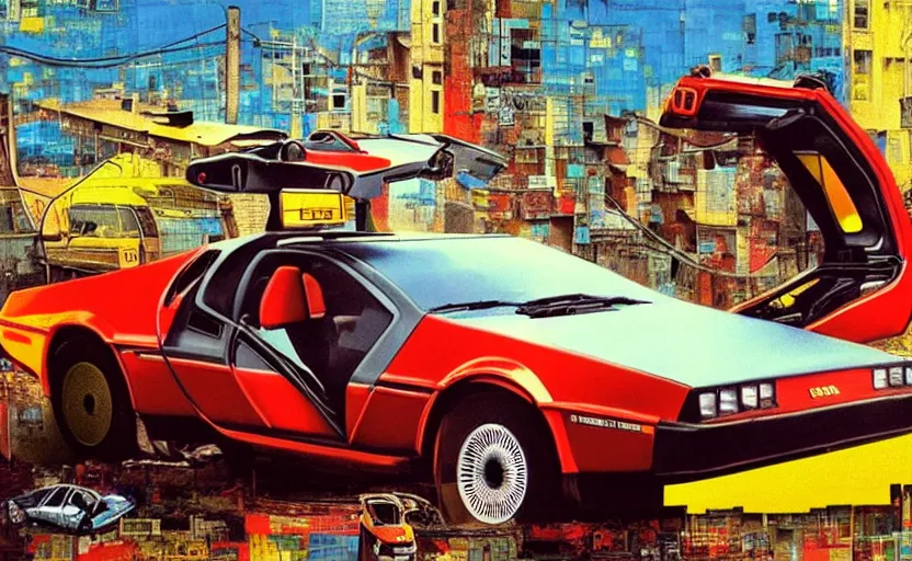 Image similar to a red and yellow delorean in ajegunle slums of lagos - nigeria, painting by hsiao - ron cheng & salvador dali, magazine collage, masterpiece.