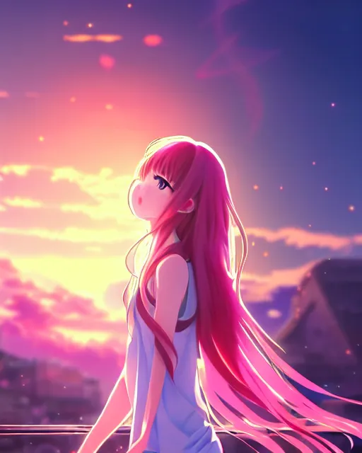 Prompt: anime style, vivid, expressive, full body, 4 k, a cute girl with white skin and long pink wavy hair humming a song, stunning, realistic light and shadow effects, centered, simple background, studio ghibly makoto shinkai yuji yamaguchi