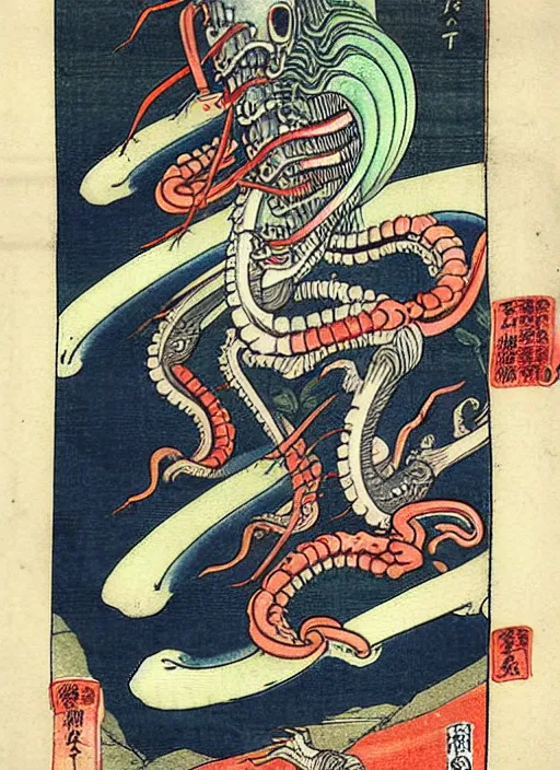 Prompt: the xenomorph as a yokai illustrated by kawanabe kyosai and toriyama sekien