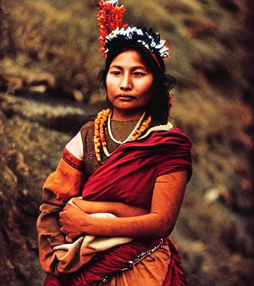 Image similar to vintage_portrait_photo_of_a_stunningly beautiful_nepalese_maiden in the himalayan mountains by Annie Leibovitz