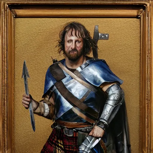 Prompt: Detailed hyper-realistic oil painting of William Wallace holding a Scottish claymore sword with one foot on a rock, 4K