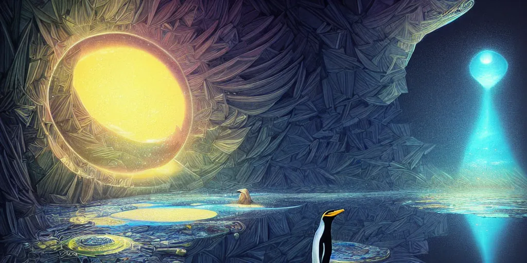 Image similar to an insanely beautiful and hyper detailed digital painting of a penguin staring out into a magical multiverse by ciryl rolando