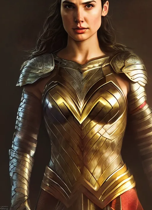 Image similar to portrait of gal gadot as a legendary knight warrior, au naturel, hyper detailed, digital art, trending in artstation, cinematic lighting, studio quality, smooth render, unreal engine 5 rendered, octane rendered, art style by klimt and nixeu and ian sprigger and wlop and krenz cushart.