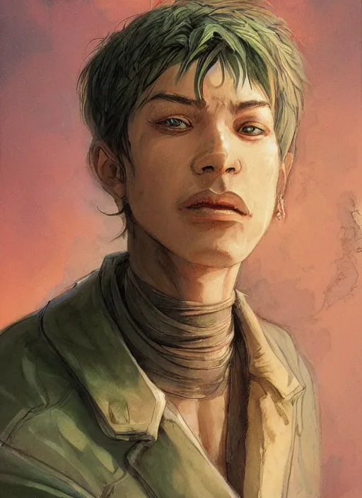 Prompt: a portrait of a male character who has two snake nostrils instead of his nose in a scenic environment by Ross Tran and by Jesper Ejsing and by Mikalojus Konstantinas Ciurlionis