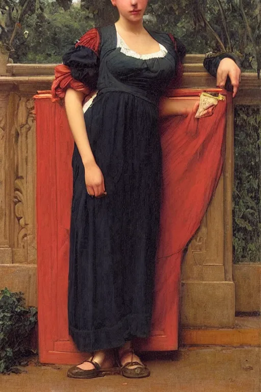 Image similar to John William Godward and Solomon Joseph Solomon and Richard Schmid and Jeremy Lipking victorian genre painting full length portrait painting of a young beautiful woman traditional german french barmaid in fantasy costume, red background