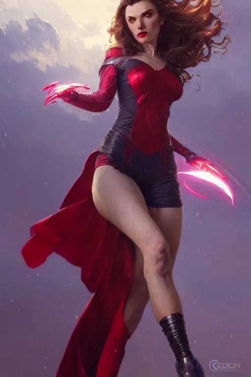 Image similar to gta scarlet witch profile picture by greg rutkowski, dynamic pose, intricate, futuristic, fantasy, elegant, by stanley artgerm lau, greg rutkowski, thomas kindkade, alphonse mucha, loish, norman rockwell, fantasy lut, asymmetric, long hair, retro computer graphics, video game, fluid lines,