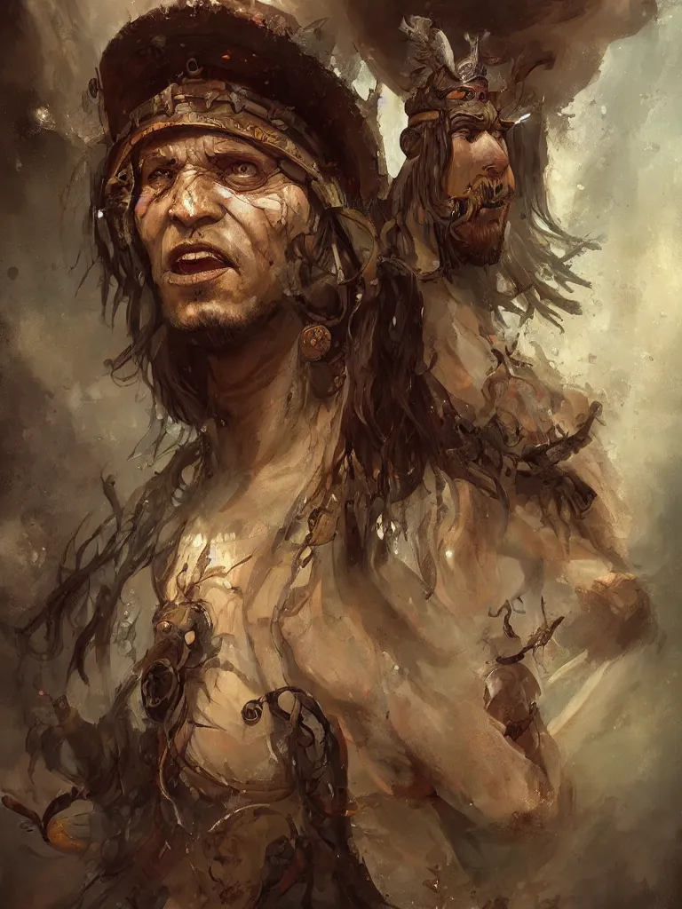 Image similar to Neolithic shaman, wearing playing Virtual Reality, prehistoric, beautiful painting, character concept art portrait, matte fantasy painting, DeviantArt Artstation, by Jason Felix by Steve Argyle by Tyler Jacobson by Peter Mohrbacher, cinema