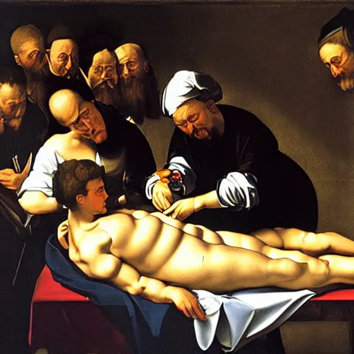 Image similar to doctors doing a operation on a cartoonish banana, caravaggio