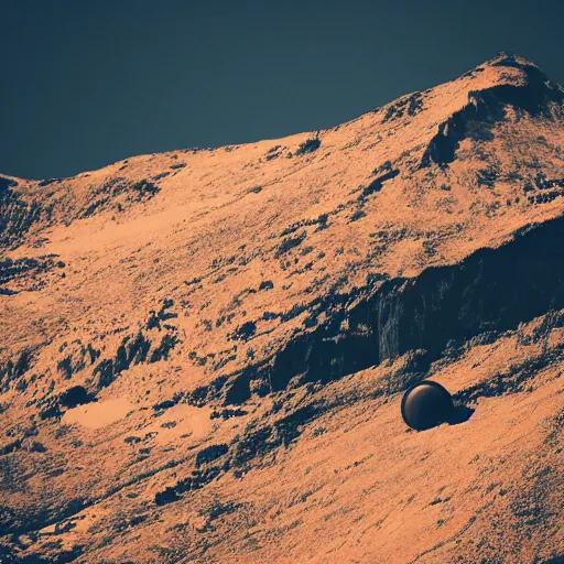 Image similar to a black dot in the sky pulling in a mountain, dark lighting, landscape