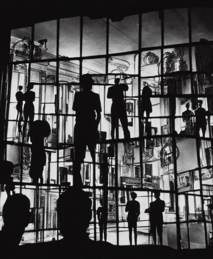 Prompt: vintage photo of an old theater, silhoutte observers watching themselves through a giant mirror reflection on stage, 4k, highly detailed, black and white photography, frontal perspective