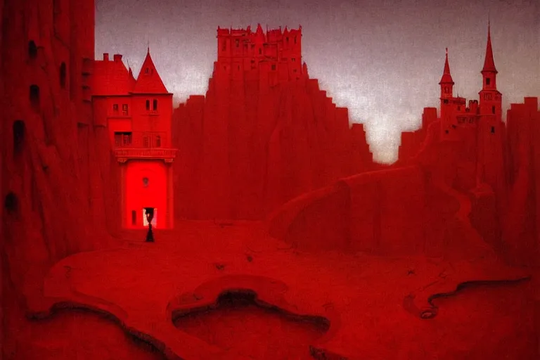 Prompt: only with red, in a red dream world, a crimson tiger, a castle in the background, medieval demons, an ancient path in the style of beksinski, part by hopper, part by rodcenko, part by hofbauer, intricate composition, red by caravaggio, insanely quality, highly detailed, masterpiece, red light, artstation