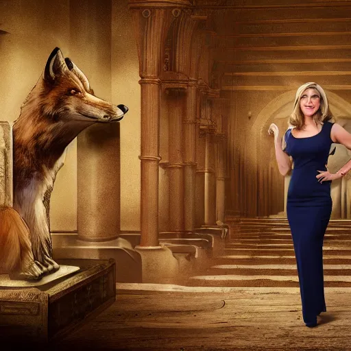 Image similar to cinematic studio photograph of a medieval era fox news anchorwoman at work, by fox news in ancient europe