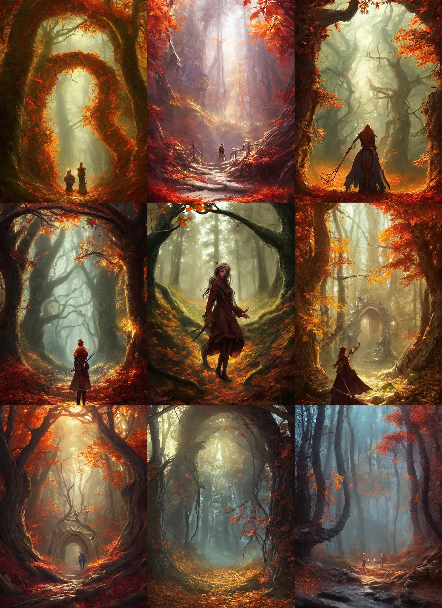 Image similar to magical autumnal forest portal, d & d, fantasy, portrait, highly detailed, digital painting, trending on artstation, concept art, sharp focus, illustration, art by artgerm and greg rutkowski and magali villeneuve