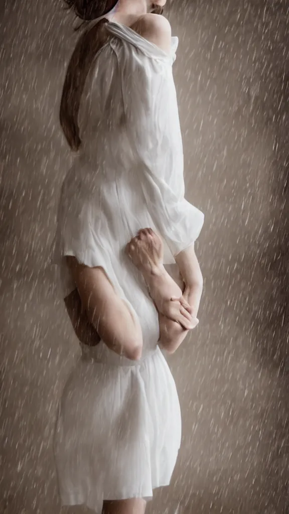 Image similar to studio photo of gorgeous emily skinner cosplaying annie leonhart wearing heels and wearing elegant white dress in a white room looking up, beautiful face, pale skin, rule of thirds, cinematic lighting, rainy weather, melancholy atmosphere, sharp focus, backlit, stunning, smooth, hard focus, full body shot, studio photo, shot on sony a 7 iii, hyper realistic,