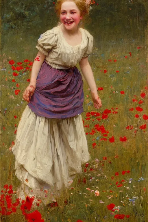 Image similar to Solomon Joseph Solomon and Richard Schmid and Jeremy Lipking victorian genre painting portrait painting of a laughing young village girl in an open field of flowers, red background