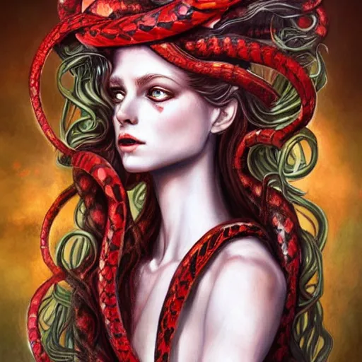 Image similar to realistic mythological greek medusa with red snakes on the head full body, by anna dittmann