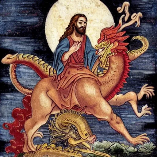 Prompt: Jesus riding a dragon