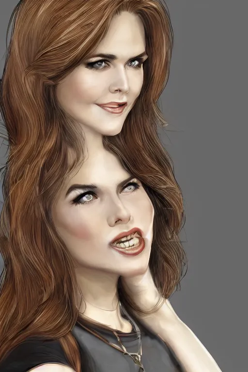 Image similar to mix of beautiful young maria shriver, mariel hemmingway, brooke shields, nicole kidman and elle macpherson as a vampire with mouth open with sharp teeth, thin lips, hair tied up in a pony tail, dark blonde hair, colorful, artstation, cgsociety