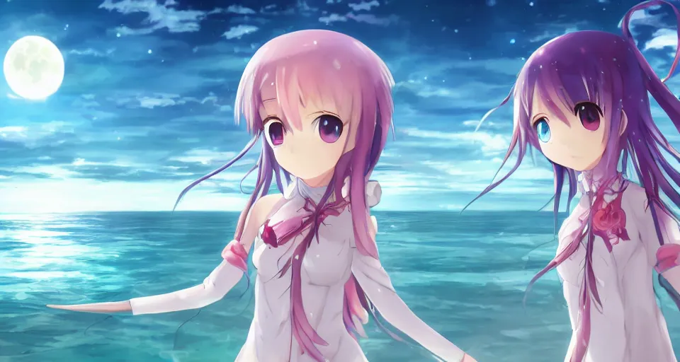 Image similar to one anime girl based on Puella Magi Madoka Magica on a pier with the ocean as background at twilight, her blue eyes are looking at the camera, cute, big moon above the water, colorful, magical, detailed face, 8k