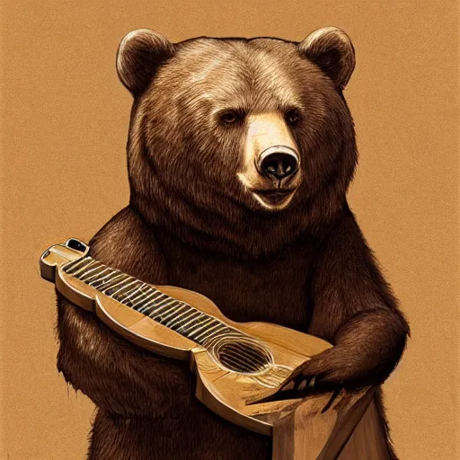 Prompt: realistic bear holding a triangular wooden triangle + guitar sound hole + guitar neck, highly detailed, digital painting, artstation, concept art, smooth, sharp focus, illustration, cinematic lighting, art by artgerm and greg rutkowski and alphonse mucha