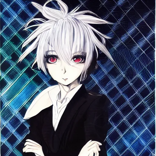 Image similar to Character design of an anime girl with short white hair and black eyes wearing three piece suit in the style of Yoshitaka Amano, abstract black and white background with lines, film grain effect, highly detailed, oil painting with broad brush strokes