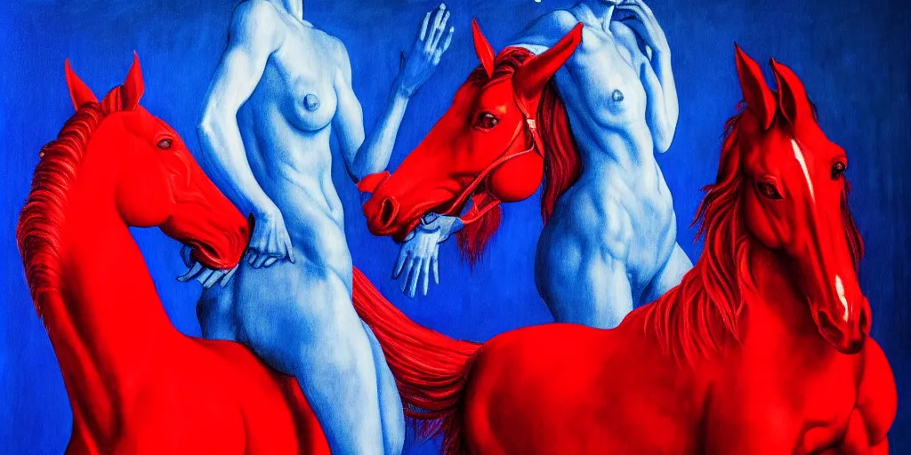 Image similar to only with blue, ney motogrosso in love with a red stallion, too many hands in all directions, in hoc signo vinces, waterfall, in the style of leonora carrington, gottfried helnwein, intricate composition, blue light by caravaggio, insanely quality, highly detailed, masterpiece, red light, artstation