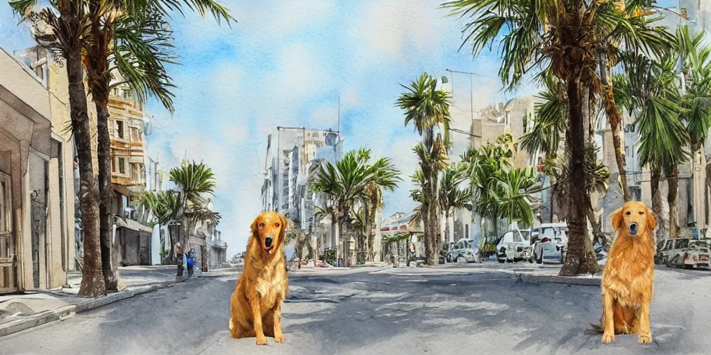 Image similar to photoreal golden retriever dog standing in tel aviv street looking at the camera. palm trees. optimistic. digital art. watercolor. highly detailed. drawing. art. colorful. fluffy