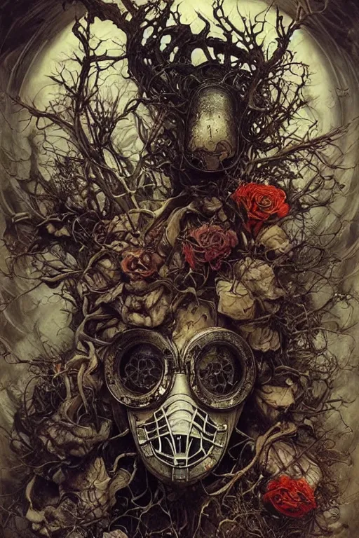 Prompt: if you have to go around digging up graves to prove your own sanity then you've probably already lost it. surreal, gas masks, medical. by ayami kojima, karol bak, greg hildebrandt, and mark brooks, hauntingly surreal, gothic, highly detailed and intricate, rich deep colors.