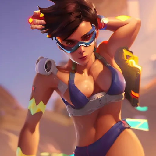 Image similar to overwatch tracer in a bikini, digital art, pretty face, very beautiful face, very detailed eyes, 8 k resolution, by wlop, greg rutkowski, full body
