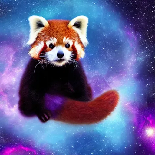 Image similar to Red Panda in space in front of a purple nebula