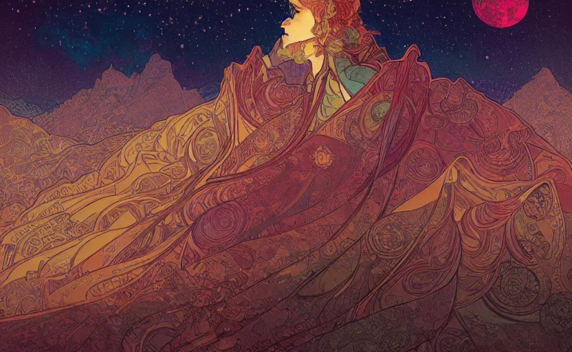 Prompt: mountains, stars and paisley filled sky, artstation, intricate, highly detailed, digital painting, concept art, sharp focus, illustration by Alphonse Mucha and Kilian Eng