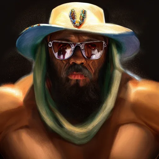 Image similar to marcho man randy savage portrait fantasy painting trending on artstation