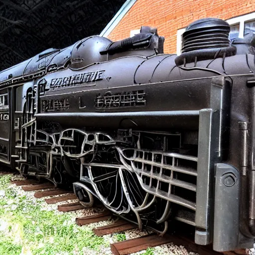 Image similar to locomotive from front view. black metal. nightmarish, horrific, scary, cowcatcher