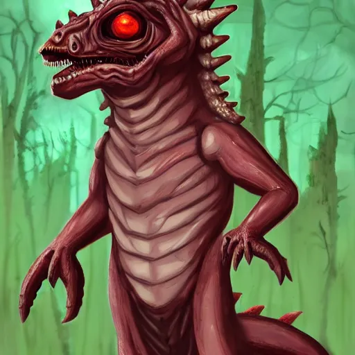 Image similar to big butcher anthropomorphic male lizardfolk posing scarily, scary angry pose, chasing you, bloody, covered in blood, fresh kill, cleaver, in a cave, earie setting, lovecraft eldritch horror, hyperdetailed, furaffinity, anthro art