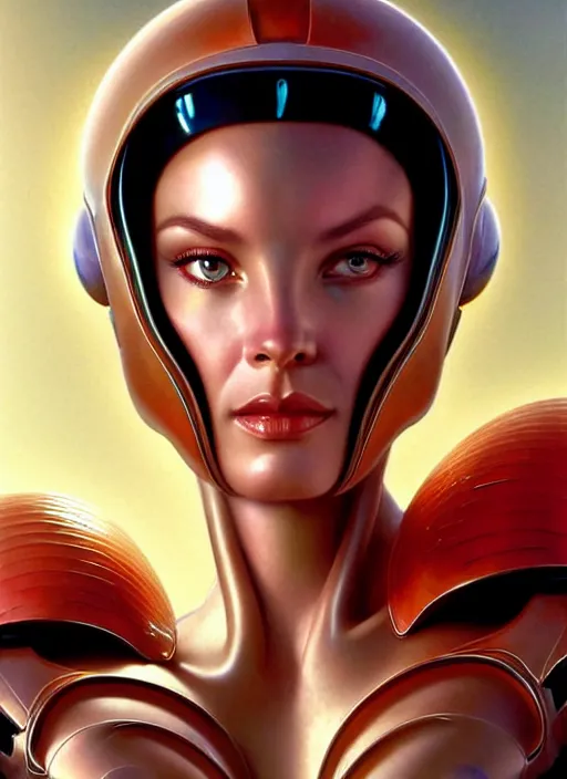 Image similar to face of a beautiful alien woman wearing shiny plastic armor in the style of roger dean and alberto vargas and stefan kostic, realistic, sharp focus, 8 k high definition, insanely detailed, intricate, elegant, art by greg rutkowski and artgerm, extreme blur coral reef background