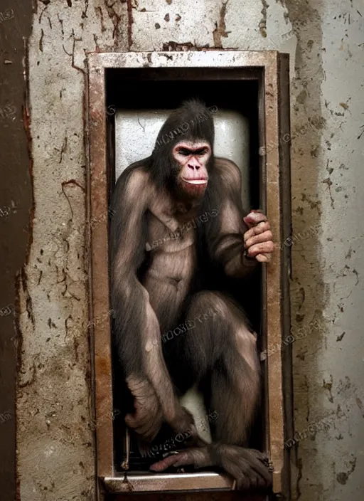 Image similar to scary half human half ape inside fuse box in post communist apartment building