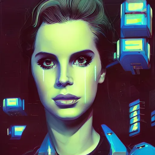 Image similar to portrait of lana del rey as a cyborg. intricate abstract. intricate artwork cyberpunk by tooth wu, wlop, beeple, dan mumford. octane render, trending on artstation, greg rutkowski ruan jia, cinematic, hyper realism, unreal 4, high detail, octane render, 8 k, key art, iridescent accents