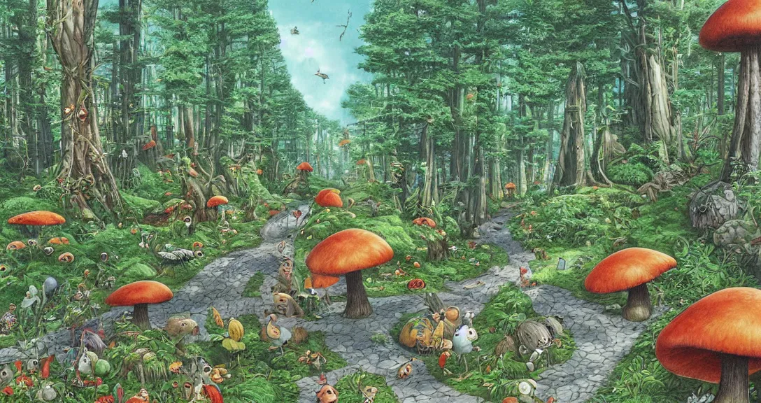 Prompt: road in a forest road, with different birds and animals, small and big fairy tale buildings, giant mushrooms, weird creatures, highly detailed, fantasy art, fairy tale illustration, book illustration, by sven nordqvist, by studio ghibli,